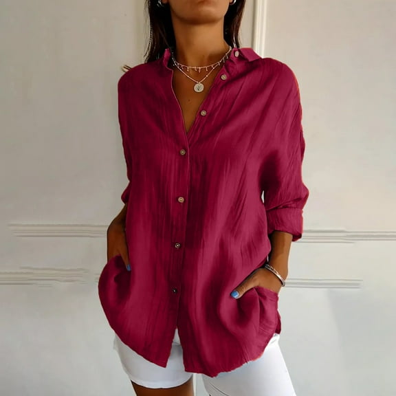 GSPCLAM Long Sleeve Shirts for Women Tunic Solid Color Plus Size Blouse for Holiday V-Neck Fall Button Down Dressy Clothings Red XL