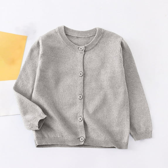 GSPCLAM Long Sleeve Sweatshirts for Children Girls Fall & Winter Knit Cotton Cardigan for Travling Solid Color Button Down Crew Neck Adaptive Tops 9-10 Years Gray
