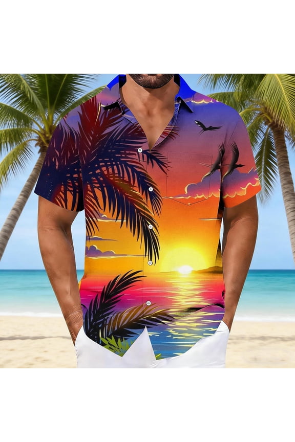 Luau Tops for Men Summer Turndown Collar Short Sleeve Floral Beach Shirt with Chest Pocket Unique Pattern Plus Size Clothes for Family Gathering Multicolor XXXL