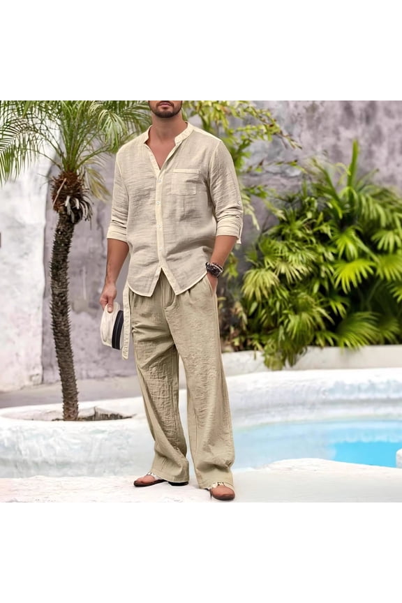 Men's 2 Piece Outfits Sets Comfortable Button Up Shirt with Chest Pocket, Drawstring Pants Suits for Stay Home