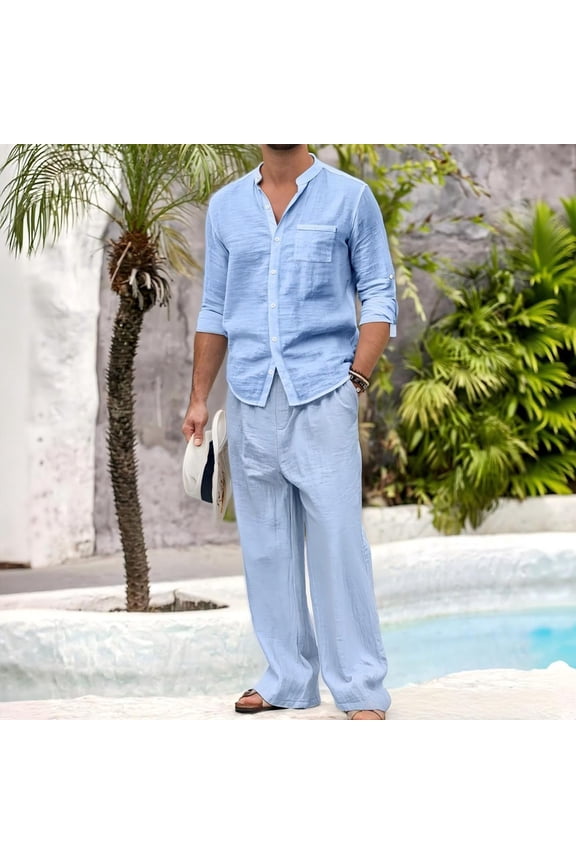 Men's 2 Piece Outfits Sets Comfortable Button Up Shirt with Chest Pocket, Drawstring Pants Suits for Stay Home