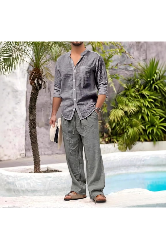 Men's 2 Piece Outfits Sets Comfortable Button Up Shirt with Chest Pocket, Drawstring Pants Suits for Stay Home