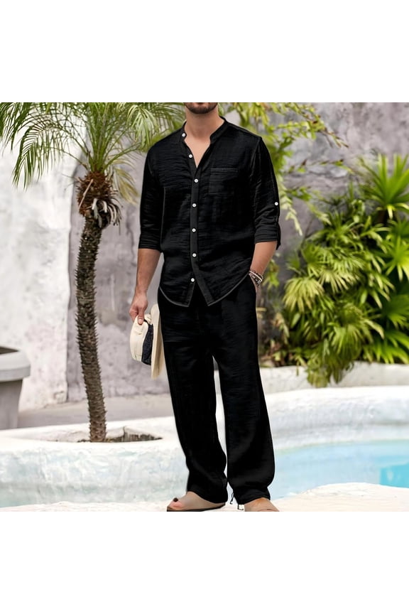 Men's 2 Piece Outfits Sets Comfortable Button Up Shirt with Chest Pocket, Drawstring Pants Suits for Stay Home