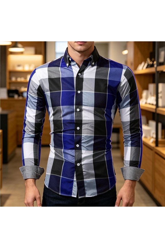 Men's Button Up Shirts Plaid Regular Fit Long Sleeve Shirts Lightweight Work Shirts for Office Blue