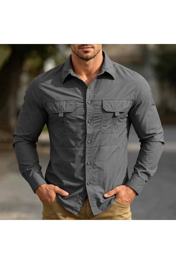 Men's Button Up Shirts Smart Casual Regular Fit Easy Care Tops with Pockets Lightweight Long Sleeve Shirts for Outdoor Work Gray