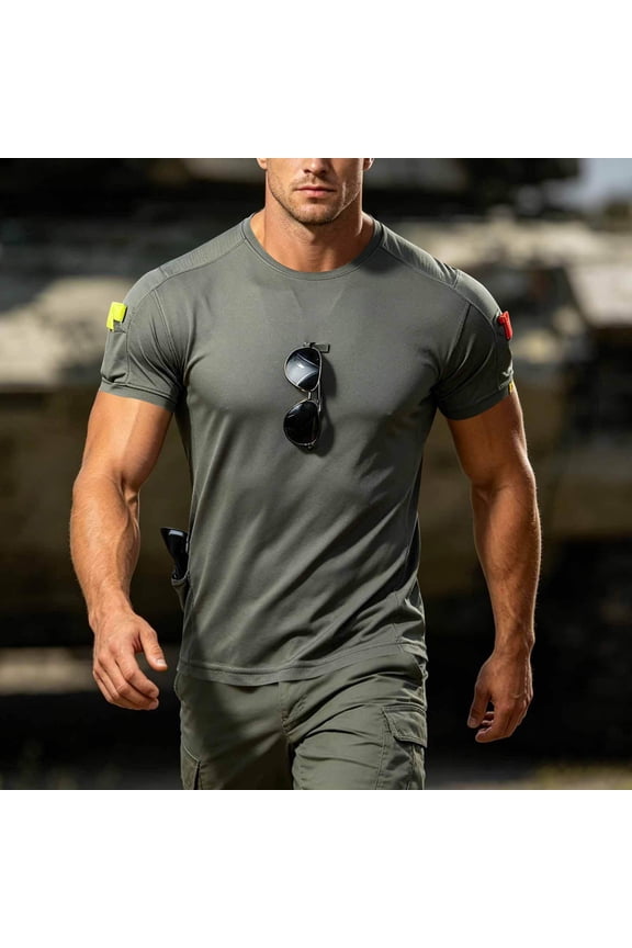 Men's Cargo T Shirts Outdoor Durable Shirt with Multiple Pockets Essential Breathable Crewneck T-Shirt for Daily Work