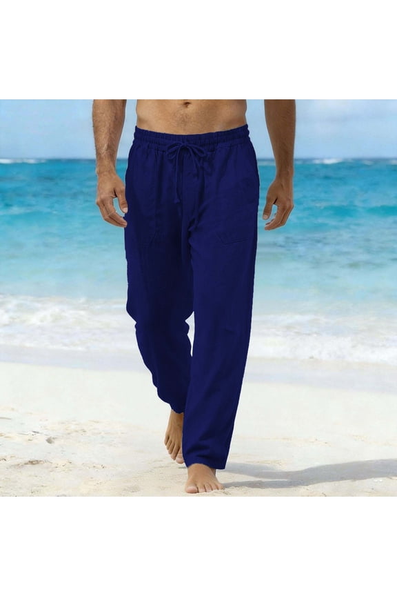 Men's Casual Drawstring Pants Plain Fashion Linen Straight Leg Loose Fit Pants with Pockets Plus Size Comfort Fit Pants for City Work Dark Blue XXL