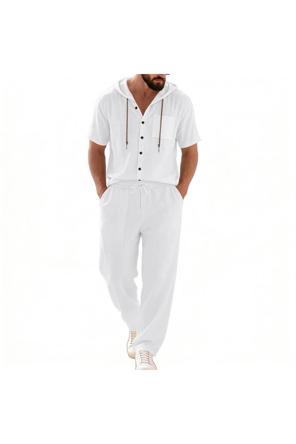 Men's Casual Outfits Sets with Pockets 2 Piece Airy Lightweight Hooded Short Sleeve Button Up Shirt Relaxed Drawstring Pants Suits for Seaside