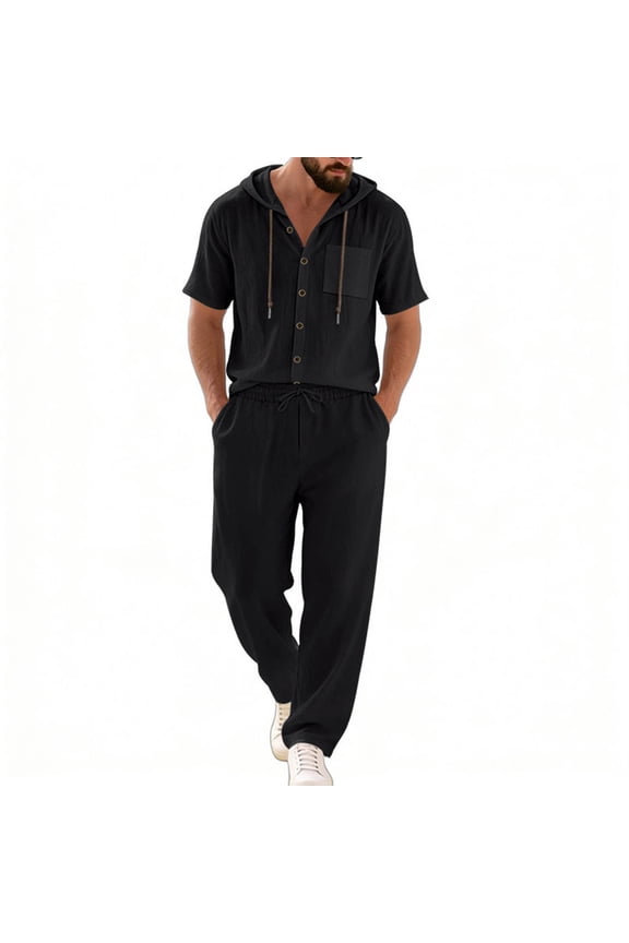 Men's Casual Outfits Sets with Pockets 2 Piece Airy Lightweight Hooded Short Sleeve Button Up Shirt Relaxed Drawstring Pants Suits for Seaside