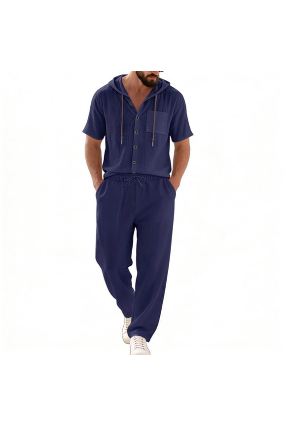 Men's Casual Outfits Sets with Pockets 2 Piece Airy Lightweight Hooded Short Sleeve Button Up Shirt Relaxed Drawstring Pants Suits for Seaside