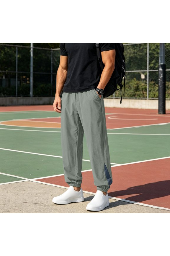Men's Casual Pants Big and Tall Breathable Color Block Drawstring Pants for Commute, Elastic Cuffs Lightweight Pants with Pockets Army Green M