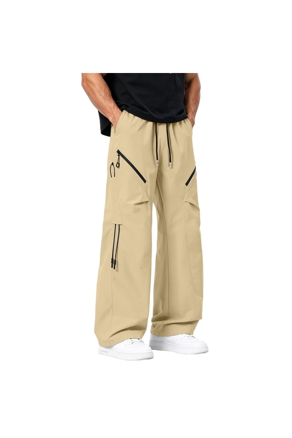 Men's Casual Pants Big and Tall Y2K High-Waist Pants with Zip Pockets Elastic Drawstring Summer Pants for Music Festival