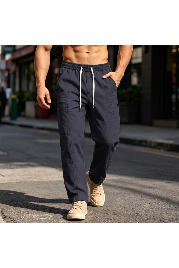 Men's Casual Pants Breathable Elastic Waist Pants with Multi Pockets Urban Style Straight Leg Drawstring Pants for Everyday Commute
