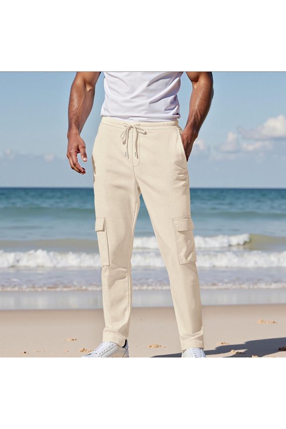Men's Casual Pants Texture Breathable Drawstring Utility Pants for Hawaii Party, Straight Leg Beach Pants with Pockets