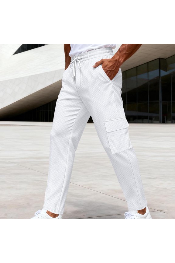 Men's Casual Pants Texture Breathable Drawstring Utility Pants for Hawaii Party, Straight Leg Beach Pants with Pockets