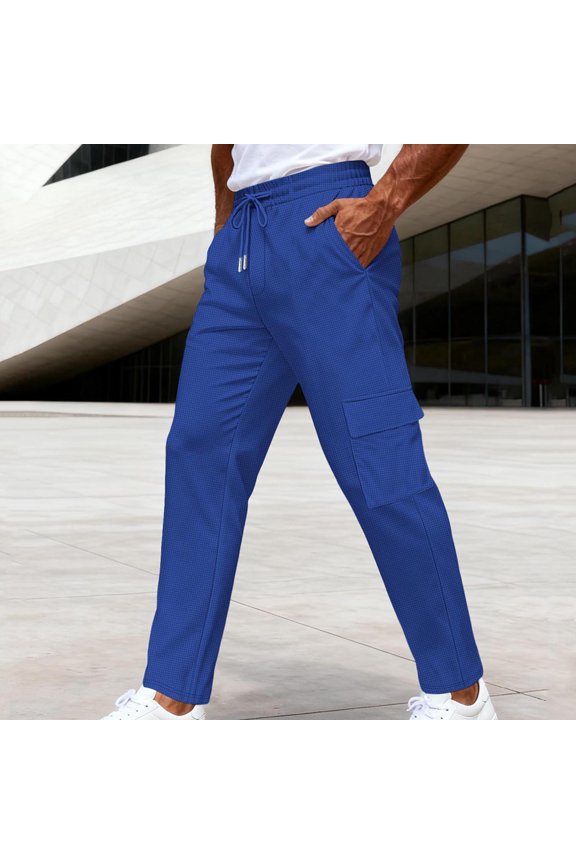Men's Casual Pants Texture Breathable Drawstring Utility Pants for Hawaii Party, Straight Leg Beach Pants with Pockets
