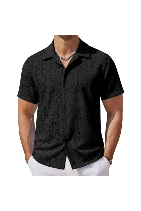 Men's Casual Shirts for Poolside Party, Mesh Pattern Breathable Button Up Shirts Classic Fit Festival Tops