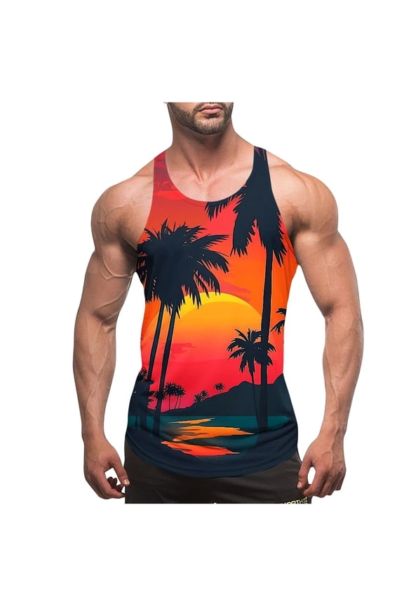Men's Hawaiian Beach Tank Tops Sleeveless Racerback Summer Muscle Bodybuilding Shirts Crew Neck Beach Pattern Muscle Fit Muscle Tees for Hawaii Party Multicolor L