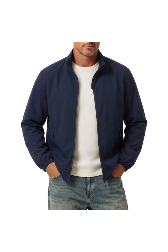 Men's Jacket Smart Casual Elastic Cuffs Lightweight Jacket for Country Club, Essential Stretch Fit Jacket with Zip Pockets Dark Blue