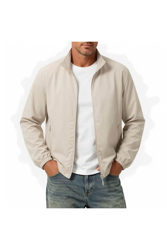 Men's Jacket Smart Casual Elastic Cuffs Lightweight Jacket for Country Club, Essential Stretch Fit Jacket with Zip Pockets White