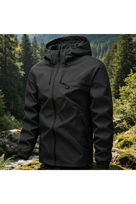 Men's Jacket Clean Fit Elastic Cuffs Waterproof Jacket for Outdoor Work, Everyday Wear Adjustable Hood Jacket with Zip Pockets Black