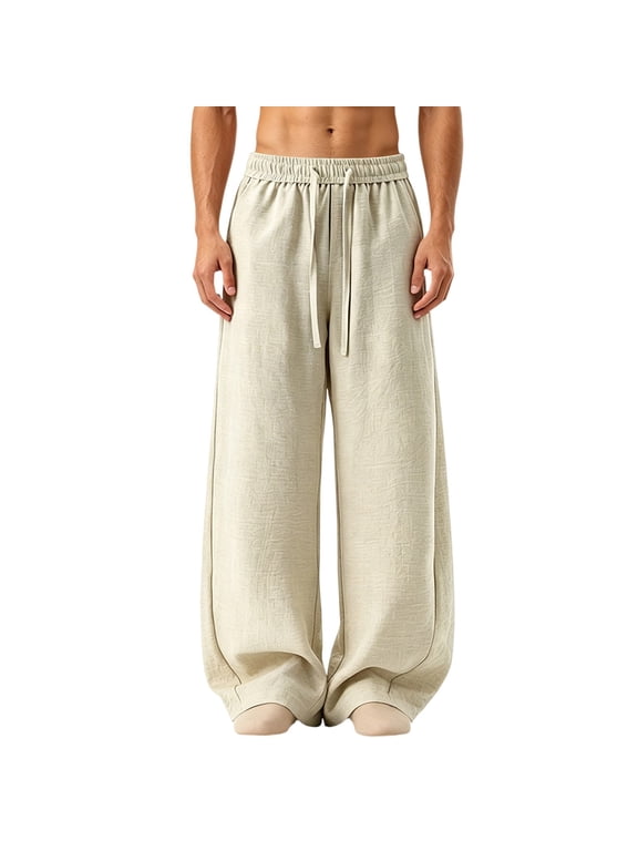 Men's Pants Y2K Relaxed Fit Drawstring Pants for Casual Friday, Streetwear Lightweight Pants with Pockets Khaki L