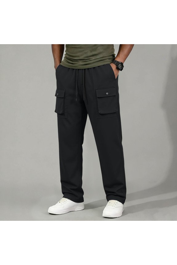 Men's Straight Leg Cargo Pants Casual Drawstring Pants with Pockets Soft Unrestricted Movement Pants for Movie Night