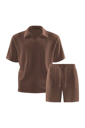 Men's Vacation Outfits Sets 2 Piece Vertical Textured V Neck Shirt Stretch Drawstring Shorts Suits for Resort
