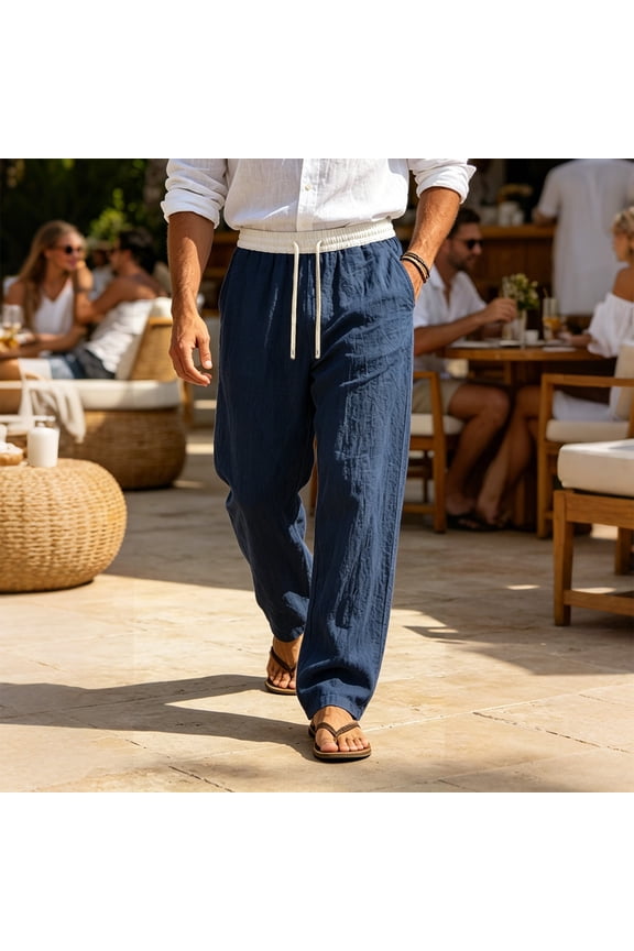 Mens Beach Pants Crinkled Wide Leg Linen Pants with Pockets Relaxed Fit Drawstring Pants for Beach Party