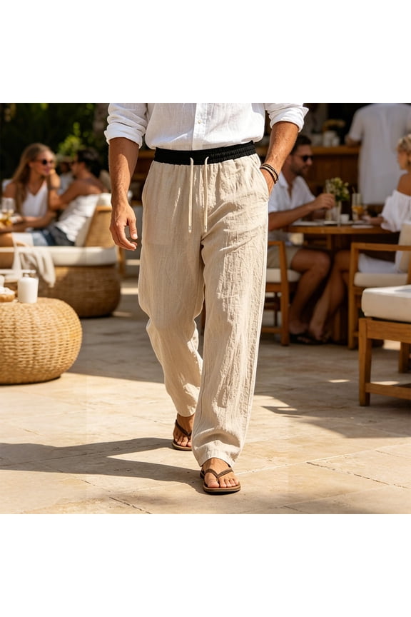 Mens Beach Pants Crinkled Wide Leg Linen Pants with Pockets Relaxed Fit Drawstring Pants for Beach Party