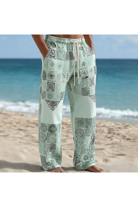 Mens Breathable Pants Retro Tile Print Relaxed Drawstring Pants with Pockets Easy Care Tropical Pants for Beach