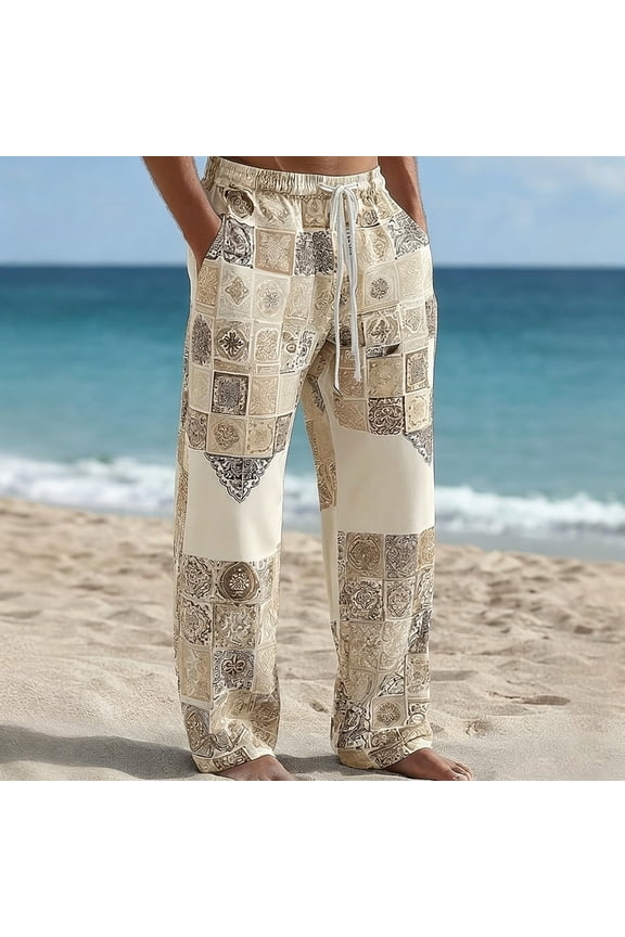 Mens Breathable Pants Retro Tile Print Relaxed Drawstring Pants with Pockets Easy Care Tropical Pants for Beach