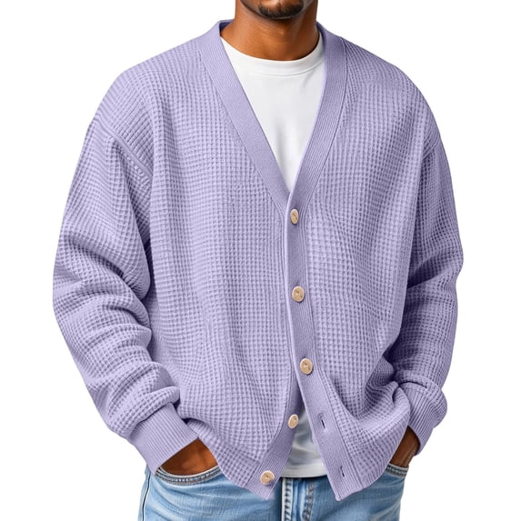 GSPCLAM Mens Cardigan Sweaters Button Down Waffle Relaxed Sweater Big & Tall Winter Solid Color Long Sleeve Casual Sweater Purple 3XL
