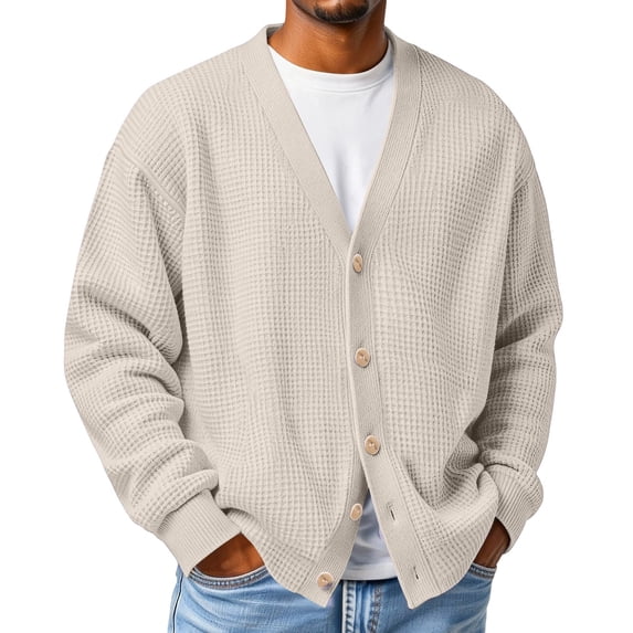 GSPCLAM Mens Cardigan Sweaters Button Down Waffle Relaxed Sweater Winter Solid Color Long Sleeve Casual Sweater Beige M