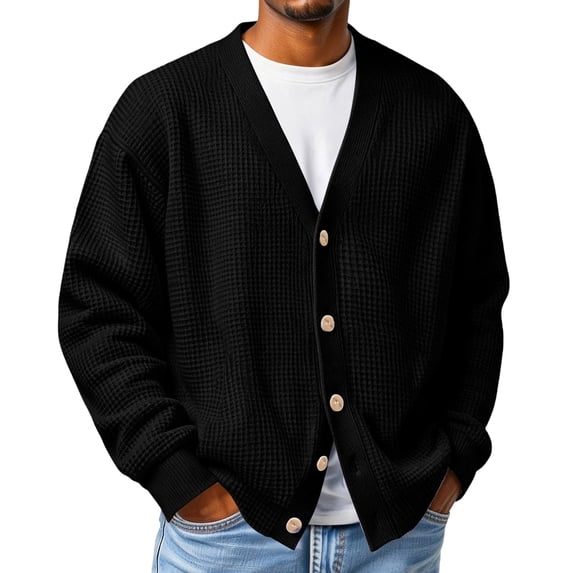 GSPCLAM Mens Cardigan Sweaters Button Down Waffle Relaxed Sweater Winter Solid Color Long Sleeve Casual Sweater Black XL