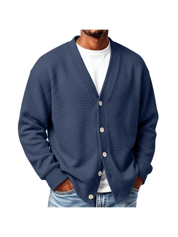 Mens Cardigan Sweaters Button Down Waffle Relaxed Sweater Winter Solid Color Long Sleeve Casual Sweater Navy XXL
