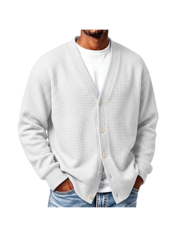 Mens Cardigan Sweaters Button Down Waffle Relaxed Sweater Winter Solid Color Long Sleeve Casual Sweater White M
