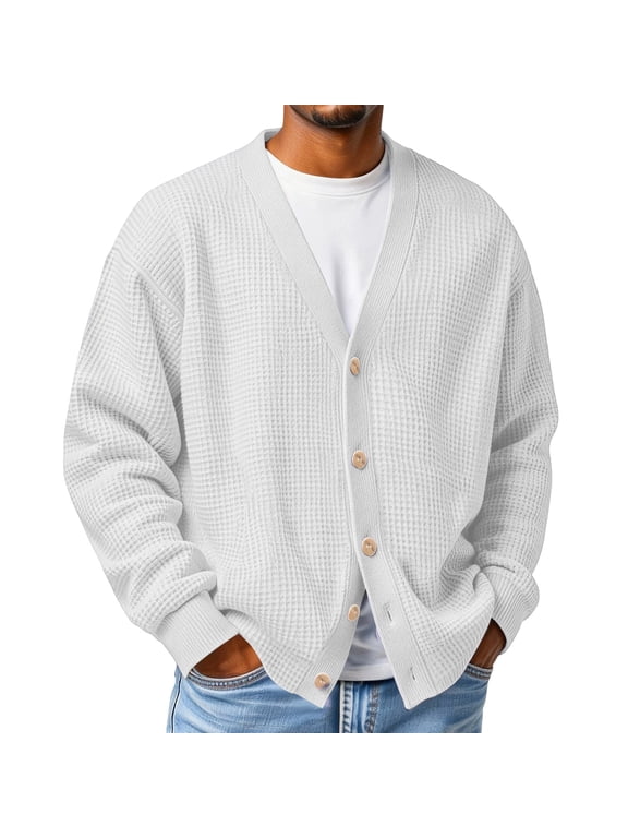 Mens Cardigan Sweaters Button Down Waffle Relaxed Sweater Winter Solid Color Long Sleeve Casual Sweater White XL