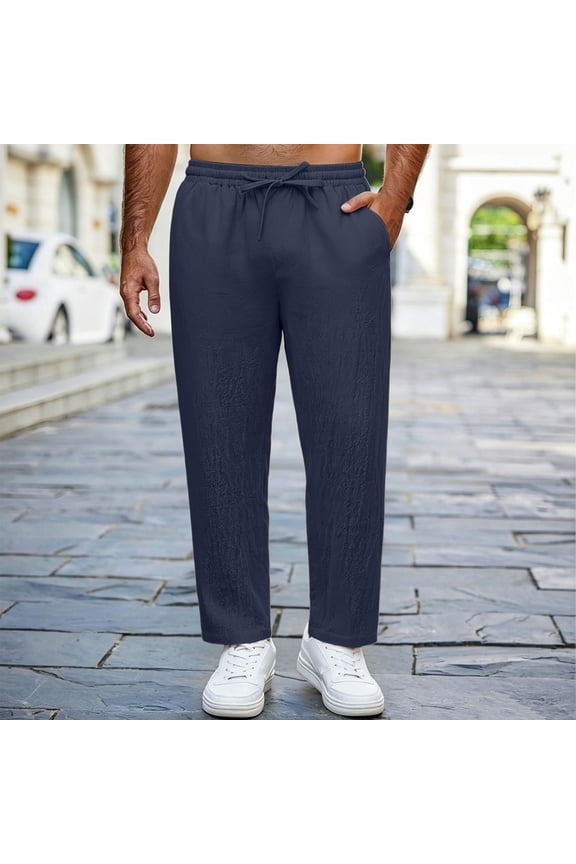 Mens Casual Pants Big and Tall Textured Breathable Drawstring Pants for Cruise, Loose Beach Vacation Pants with Pockets