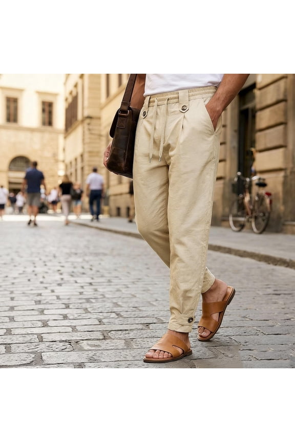 Mens Casual Pants Snap Button Cuff Drawstring Chino Pants with Side pockets Lightweight Belt Loop Pants for Best Gift