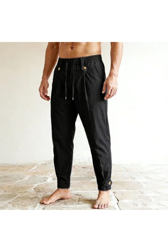 Mens Casual Pants Snap Button Cuff Drawstring Chino Pants with Side pockets Lightweight Belt Loop Pants for Best Gift
