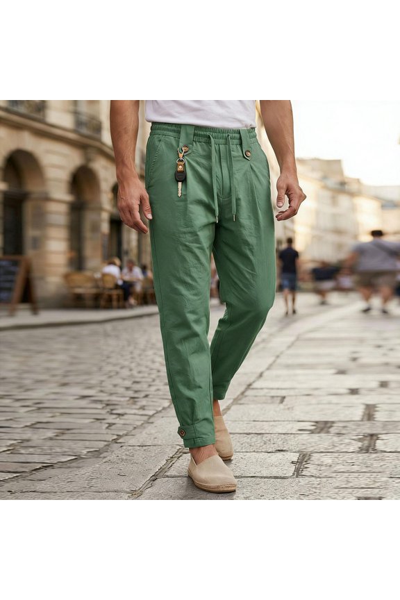 Mens Casual Pants Snap Button Cuff Drawstring Chino Pants with Side pockets Lightweight Belt Loop Pants for Best Gift