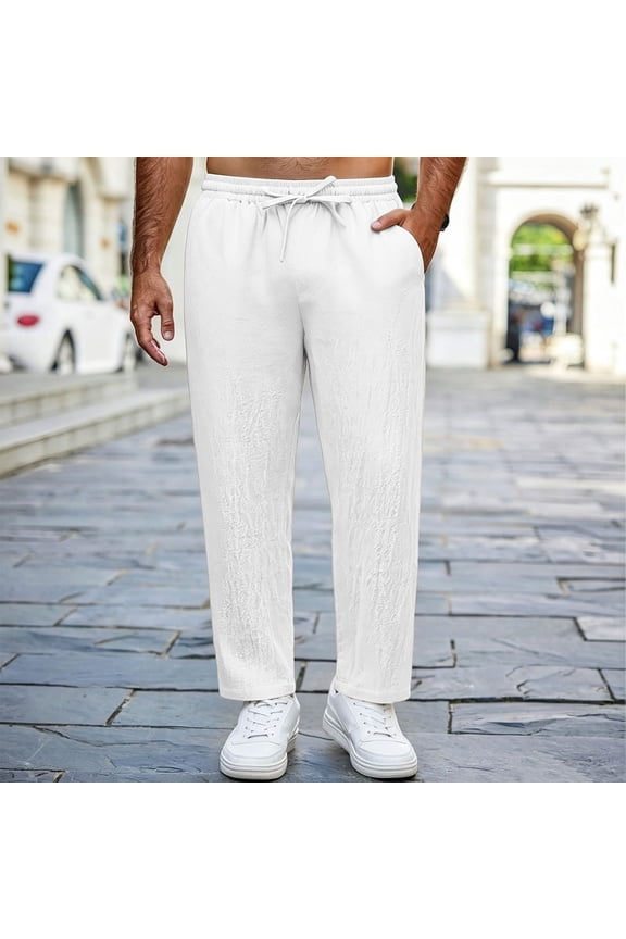 Mens Casual Pants Textured Breathable Drawstring Pants for Cruise, Loose Beach Vacation Pants with Pockets