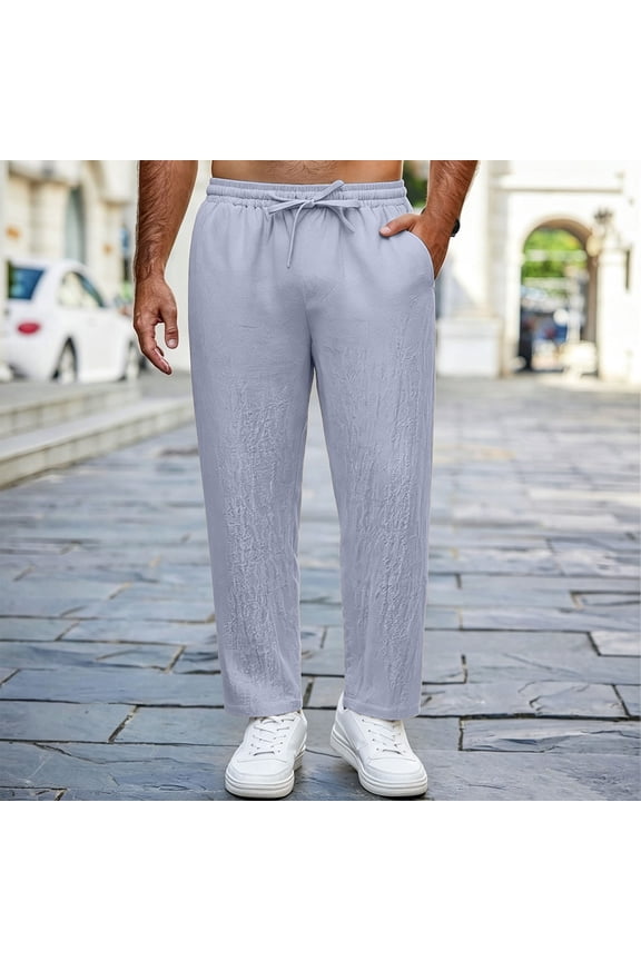 Mens Casual Pants Textured Breathable Drawstring Pants for Cruise, Loose Beach Vacation Pants with Pockets