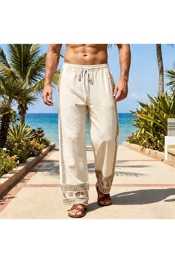 Mens Casual Pants Tribal Border Print Soft Pants with Pockets Tropical Lightweight Drawstring Pants for Travel