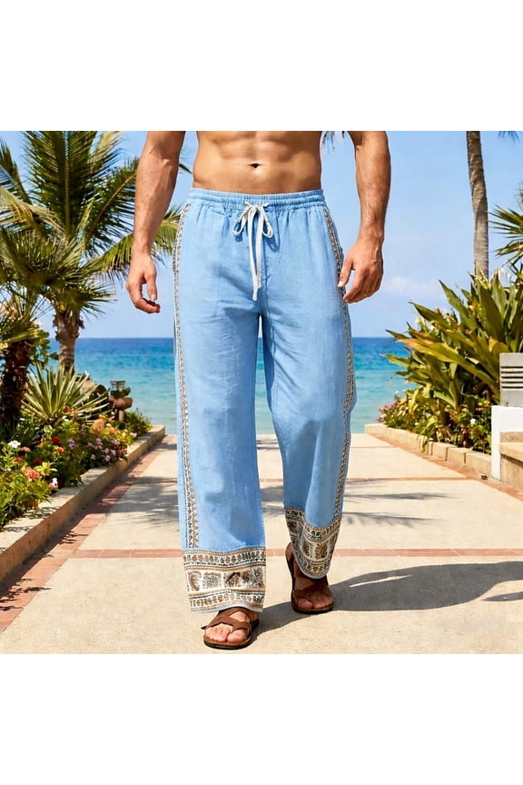 Mens Casual Pants Tribal Border Print Soft Pants with Pockets Tropical Lightweight Drawstring Pants for Travel