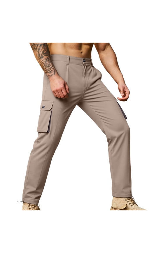 Mens Everyday Work Pants Solid Straight Extended Size Smart Casual Pants with Multiple Pockets Belt Compatible Minimalist Lightweight Pants for Outdoor Work Khaki M