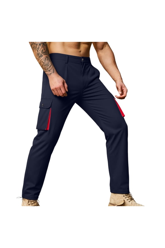 Mens Everyday Work Pants Solid Straight Extended Size Smart Casual Pants with Multiple Pockets Belt Compatible Minimalist Lightweight Pants for Outdoor Work Dark Blue M