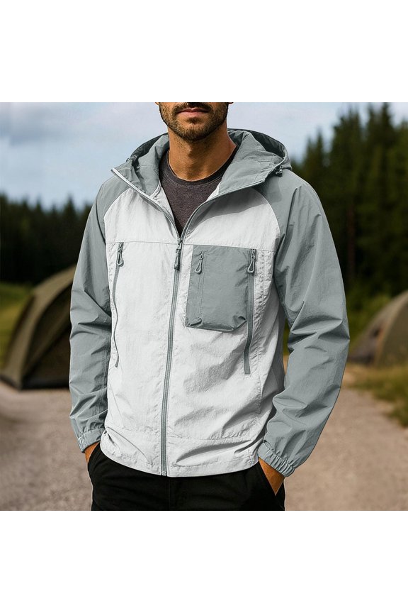 Mens Fishing Hoodie Color Block Sun Protection Utility Jackets with Zip Pockets Loose Fit Elastic Cuffs Lightweight Jackets for Outdoor Work