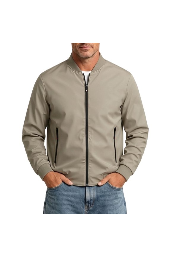Mens Jacket Casual Regular Fit Lightweight Jacket for Weekend Outing, Minimalist Durable Jacket with Zip Pockets Khaki